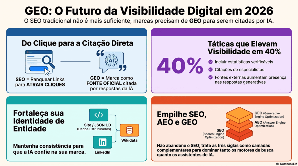 Infográfico sobre o futuro da Visibilidade Digital em 2026, SEO e GEO
